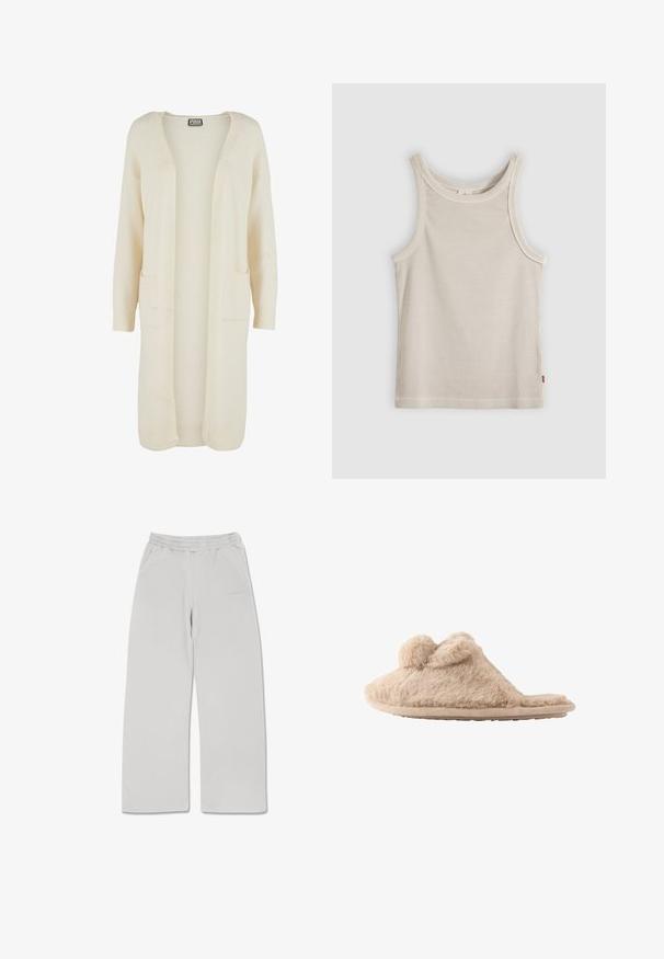 Lang, åben-front cardigan i blødt cremefarvet stof. Har to forlommer og ribstrikkede manchetter. Enkel, minimalistisk design.; Beige ribstrikket ærmeløs tanktop med rund halsudskæring og tætsiddende pasform, vist mod en grå baggrund.; Lysegrå sweatpants lavet af blødt stof, med elastisk talje, to sidelommer og lige snit.; Beige, fløjlsblød hjemmesko med to pomponer på toppen og en flad sål, designet til indendørs brug.