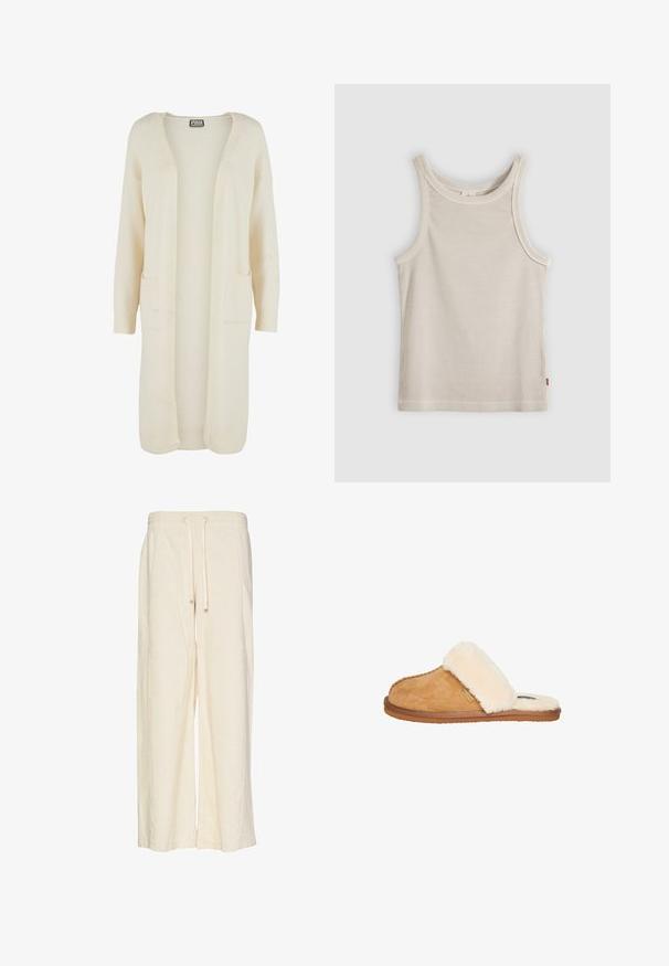 Cardigan long à ouverture avant, en tissu doux de couleur crème. Comprend deux poches avant et des poignets côtelés. Design simple et minimaliste.; Débardeur beige côtelé sans manches avec encolure ronde et coupe ajustée, présenté sur un fond gris.; Pantalons larges en crème, fabriqués dans un tissu texturé avec un motif à côtes. Dotés d'une taille élastique et d'un cordon de serrage pour un ajustement optimal.; Superdry & Co Mules - tan