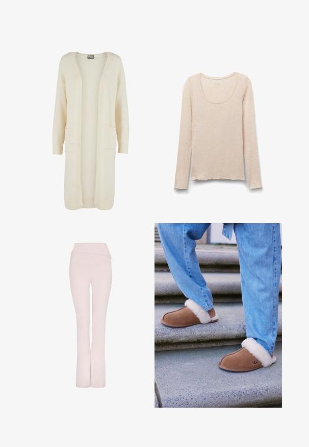Lange, openvallende cardigan in zachte crème kleurige stof. Voorzien van twee steekzakken en geribbelde boorden. Eenvoudig, minimalistisch ontwerp.; Beige longsleeve met ronde hals, licht gegolfde zoom en zachte, lichte stof.; Lichtroze uitlopende broek met een brede tailleband en een gladde textuur. Heeft een schoon, gestroomlijnd ontwerp zonder extra versieringen.; Bruine suede pantoffels met witte faux bont voering, ronde neus en rubberen zool, gecombineerd met een blauwe spijkerbroek op granieten trappen.