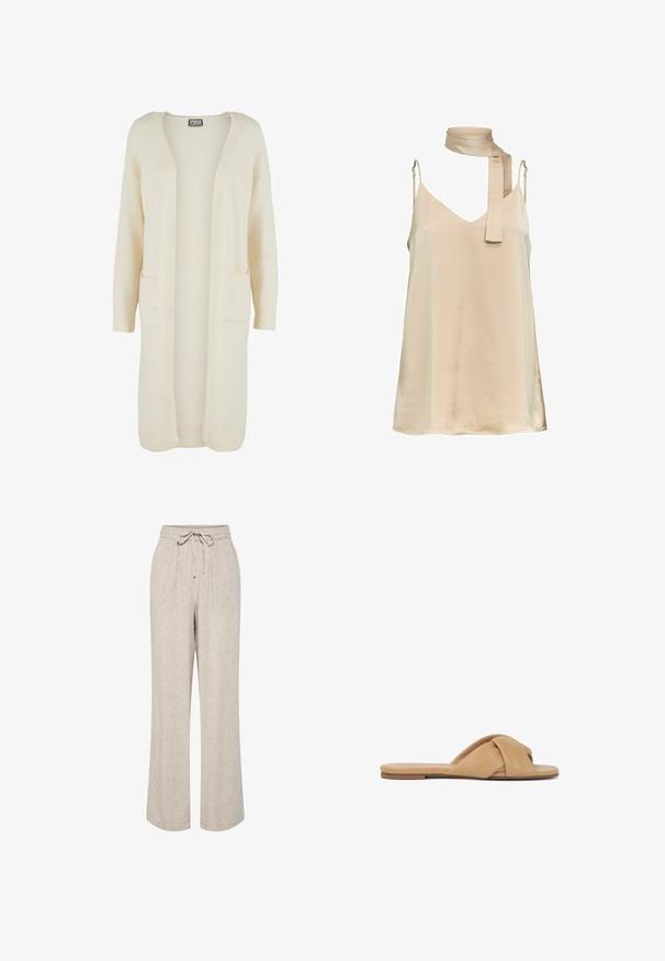 Cardigan long à ouverture avant, en tissu doux de couleur crème. Comprend deux poches avant et des poignets côtelés. Design simple et minimaliste.; Robe beige sans manches avec fines bretelles réglables et un foulard assorti noué lâchement autour du cou.; Pantalon beige coupe ample avec jambes larges, taille élastique et cordon noué à l'avant.; Sandales à glissière en cuir tan avec un design supérieur noué, semelle plate et texture lisse, conçues pour un usage décontracté.