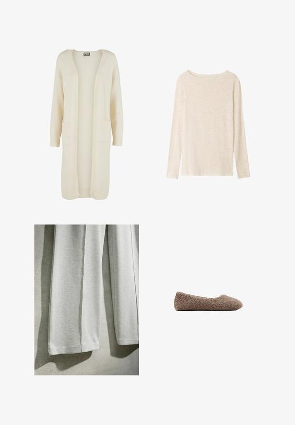 Lange, openvallende cardigan in zachte crème kleurige stof. Voorzien van twee steekzakken en geribbelde boorden. Eenvoudig, minimalistisch ontwerp.; Lichtbeige fijngebreide top met lange mouwen, boothals en een subtiele gemêleerde structuur.; Close-up van lichtgrijze geribbelde gebreide stof die hangt, met rechte zomen en een zachte textuur tegen een neutrale achtergrond.; Bruine, met fleece gevoerde ballerina met een ronde neus. Zachte textuur en naadloos ontwerp, met een low-profile silhouet. Geen zichtbare hardware.
