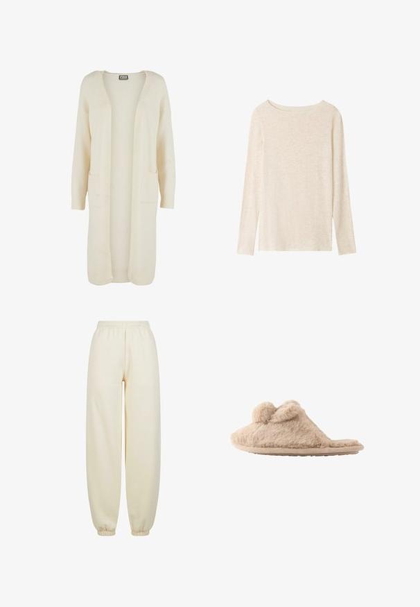 Cardigan long à ouverture avant, en tissu doux de couleur crème. Comprend deux poches avant et des poignets côtelés. Design simple et minimaliste.; Top en maille beige clair à manches longues avec encolure bateau et texture chinée subtile.; Pantalons de jogging couleur crème en tissu doux, avec un design à jambes larges, une taille élastique et des poignets ajustés aux chevilles.; Chausson beige duveteux à enfiler avec deux pompons sur le dessus et une semelle plate, conçu pour une utilisation intérieure.