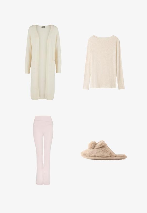 Langer Cardigan mit offenem Vorderteil aus weichem, cremefarbenem Stoff. Verfügt über zwei Fronttaschen und gerippte Bündchen. Einfaches, minimalistisches Design.; Langärmliges, hellbeiges Strickoberteil mit U-Boot-Ausschnitt und dezent melierter Textur.; Helle rosa, ausgestellte Hosen mit einem breiten Bund und glatter Textur. Sie verfügen über ein klares, schlankes Design ohne zusätzliche Verzierungen.; Beige flauschiger Hausschuh zum Hineinschlüpfen mit zwei Pompons oben und einer flachen Sohle, für den Innenbereich konzipiert.