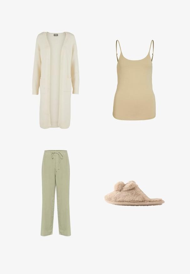 Pikk avatud ees minev kardigan pehmest kreemitoonis kangast. Omab kahte esist taskut ja soonikkoes mansette. Lihtne, minimalistlik disain.; VILA strap VIKENZA Basic - Topp - cuban sand; Heledad roheline linane pükste, millel on paelaga vöökoht, laiad sääred ja küljetaskud. Pehme tekstuur ja lihtsad konstruktsiooni detailid.; Beežikas udune suss, mille peal kaks pom-pommi ja lame tallaga, mõeldud kasutamiseks siseruumides.
