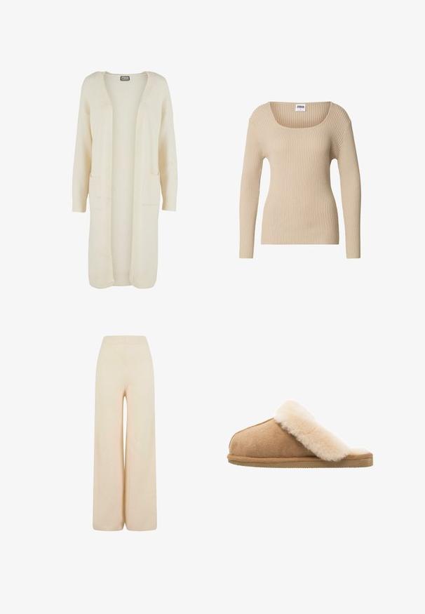 Cardigan long à ouverture avant, en tissu doux de couleur crème. Comprend deux poches avant et des poignets côtelés. Design simple et minimaliste.; Pull côtelé beige avec un col carré et des manches longues, fabriqué en tissu doux et texturé. Design simple, idéal pour superposer.; Pantalons larges couleur crème en tissu doux, dotés d'une taille élastique et de détails en relief texturé aux poignets.; Chausson en suède beige à enfiler avec une doublure en laine de mouton crème douce et moelleuse. Doté d'une semelle en caoutchouc texturé et plate pour une meilleure adhérence.