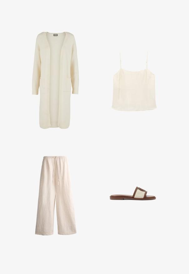 Lang, åben-front cardigan i blødt cremefarvet stof. Har to forlommer og ribstrikkede manchetter. Enkel, minimalistisk design.; Flødefarvet ærmeløs camisole-top med tynde justerbare stropper og en lige halsudskæring på hvid baggrund.; Beige, vidde linnedbukser med elastisk talje og snøre, løs pasform egnet til afslappet brug.; Brune læderslidesandal med en beige vævet overdel, flad sål og rund tå. Designet inkluderer en logoakcent på remmen.