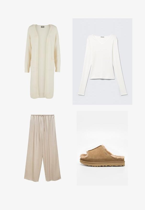 Cardigan long à ouverture avant, en tissu doux de couleur crème. Comprend deux poches avant et des poignets côtelés. Design simple et minimaliste.; Chemise blanche à manches longues et col en V, fabriquée en coton doux. Présente une coupe ajustée avec des coutures latérales discrètes et un look épuré et minimaliste.; Pantalon large beige clair avec une texture lisse et brillante. Dispose d'une taille élastique avec un cordon de serrage pour un ajustement réglable.; Chausson beige en daim à enfiler avec doublure en polaire pelucheuse et semelle en caoutchouc, présentant un logo UGG sur le côté, sur fond blanc uni.