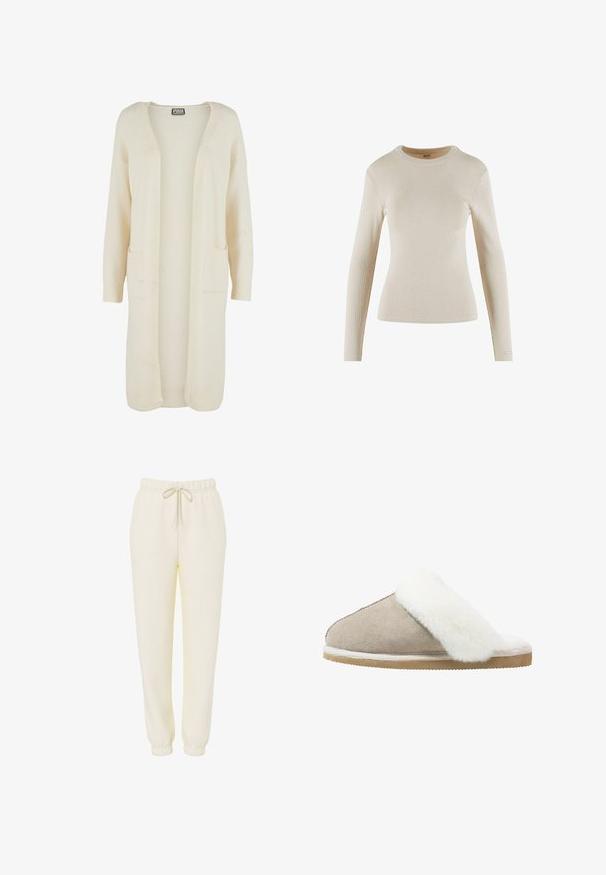 Cardigan long à ouverture avant, en tissu doux de couleur crème. Comprend deux poches avant et des poignets côtelés. Design simple et minimaliste.; Haut beige à manches longues en côte avec un col rond ; présente un design ajusté et un petit logo en détail sur le poignet.; Pantalon de survêtement décontracté couleur crème avec ceinture élastique et cordon de serrage, jambes effilées et poignets élastiques.; Mocassin en daim beige clair avec une bande de fourrure blanche duveteuse sur le dessus, doté d'une semelle extérieure texturée pour une meilleure adhérence et un confort optimal.