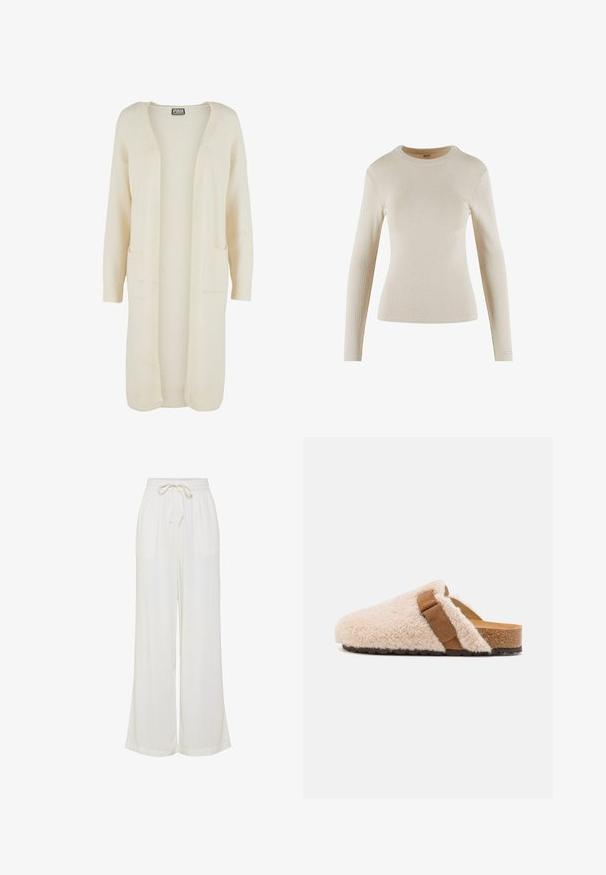 Lang, åben-front cardigan i blødt cremefarvet stof. Har to forlommer og ribstrikkede manchetter. Enkel, minimalistisk design.; Beige langærmet ribbet top med rund halsudskæring; har en tætsiddende design og et lille logo-accent på manchetten.; Hvide vidde bukser lavet af et let stof, med en elastisk talje med snøre og to sidelommer.; Beige shearling slip-on klipklapper med en brun suedebånd, korkfod og struktureret gummiyderside, designet til komfort og afslappet brug.