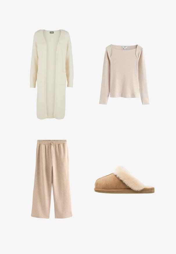 Lange, openvallende cardigan in zachte crème kleurige stof. Voorzien van twee steekzakken en geribbelde boorden. Eenvoudig, minimalistisch ontwerp.; Beige ribgebreide top met lange mouwen, vierkante halslijn en lichte schouderdetails, getoond op een witte achtergrond.; Beige broek met wijde pijpen, een elastische tailleband en een koordje, gemaakt van een zachte, gevlekte stof.; Beige suède instapschoen met een zachte, fluffy crème schapenvachtvoering. Voorzien van een platte, gestructureerde rubberen zool voor grip.