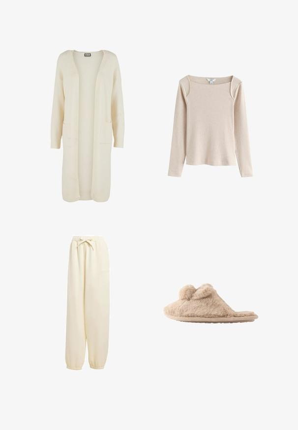 Lang, åben-front cardigan i blødt cremefarvet stof. Har to forlommer og ribstrikkede manchetter. Enkel, minimalistisk design.; Beige langærmet ribstrikket top med firkantet udskæring og let skulderdetalje, vist på hvid baggrund.; Beige, løstsiddende sweatpants lavet af blødt materiale. Har en elastisk talje med snoretræk og elastiske manchetter ved anklerne.; Beige, fløjlsblød hjemmesko med to pomponer på toppen og en flad sål, designet til indendørs brug.