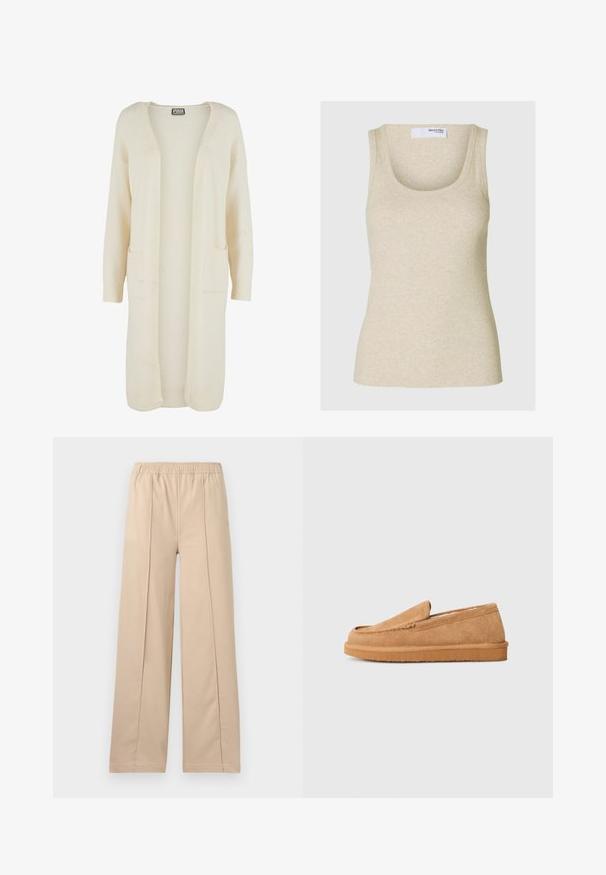 Pikk avatud ees minev kardigan pehmest kreemitoonis kangast. Omab kahte esist taskut ja soonikkoes mansette. Lihtne, minimalistlik disain.; Beige ribbed tank-top, millelõikega kaelus ja laiad õlapaelad. Valmistatud pehmest kangast, omab vormitud siluetti.; Beezid laiad püksid elastse vöökohtaga, kahel vertikaalsel voldil, pehmest kangast ja lihtsa disainiga.; Kohvashallad nahast libisemisjalatsid, millel on ümar nina ja kaldu tagumine osa, kaunistatud pealmise osa üle õmmeldud aktsendiga ning tasase kummitaldaga.