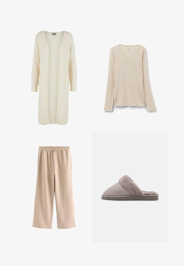 Lange, openvallende cardigan in zachte crème kleurige stof. Voorzien van twee steekzakken en geribbelde boorden. Eenvoudig, minimalistisch ontwerp.; Langarm V-hals top in lichtbeige stof met een zachte textuur. Relaxte pasvorm met een rechte zoom en een minimalistisch ontwerp.; Beige broek met wijde pijpen, een elastische tailleband en een koordje, gemaakt van een zachte, gevlekte stof.; Grijze suède pantoffel met een zachte, fluffy, lichtgrijze bontvoering. Gesloten te ontwerp en flexibele, gestructureerde zool voor grip.