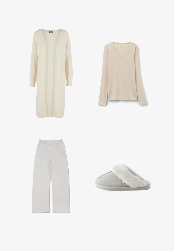 Lang, åben-front cardigan i blødt cremefarvet stof. Har to forlommer og ribstrikkede manchetter. Enkel, minimalistisk design.; Langærmet V-hals top i lys beige stof med en blød tekstur. Afslappet pasform med lige kant og minimalistisk design.; Lysegrå sweatpants lavet af blødt stof, med elastisk talje, to sidelommer og lige snit.; Lysegrå slip-on tøfler med blødt hvidt kunstpelsfor og sål mærket "NEXT," set fra siden på hvid baggrund.