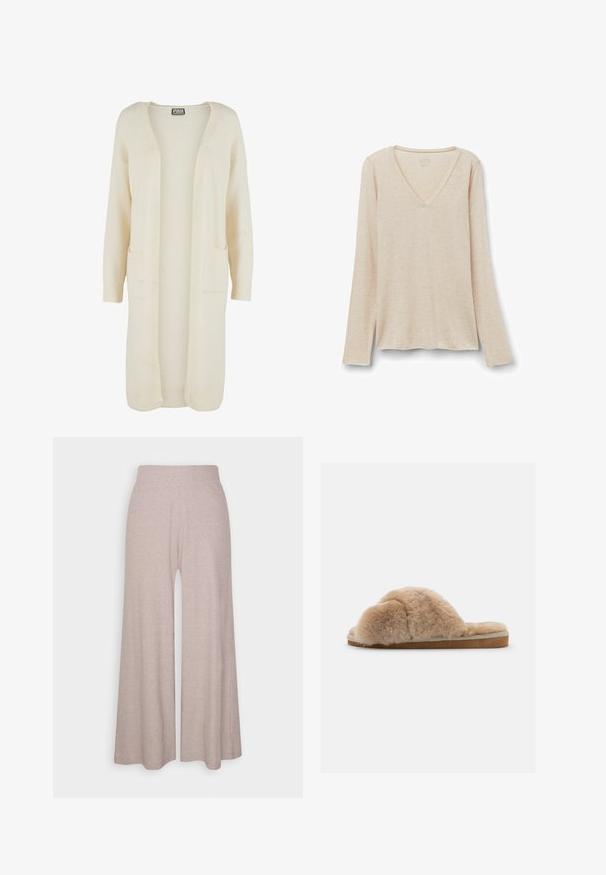 Lang, åben-front cardigan i blødt cremefarvet stof. Har to forlommer og ribstrikkede manchetter. Enkel, minimalistisk design.; Langærmet V-hals top i lys beige stof med en blød tekstur. Afslappet pasform med lige kant og minimalistisk design.; Lys grå bredbenede bukser lavet af blødt ribbet stof, med høj talje og fuldlængde ben med subtil tekstur.; Fuzzy beige hjemmesko med blød tekstur, åben bag og indvendig foring. Flad sål med en lysebrun bund og beige syning.