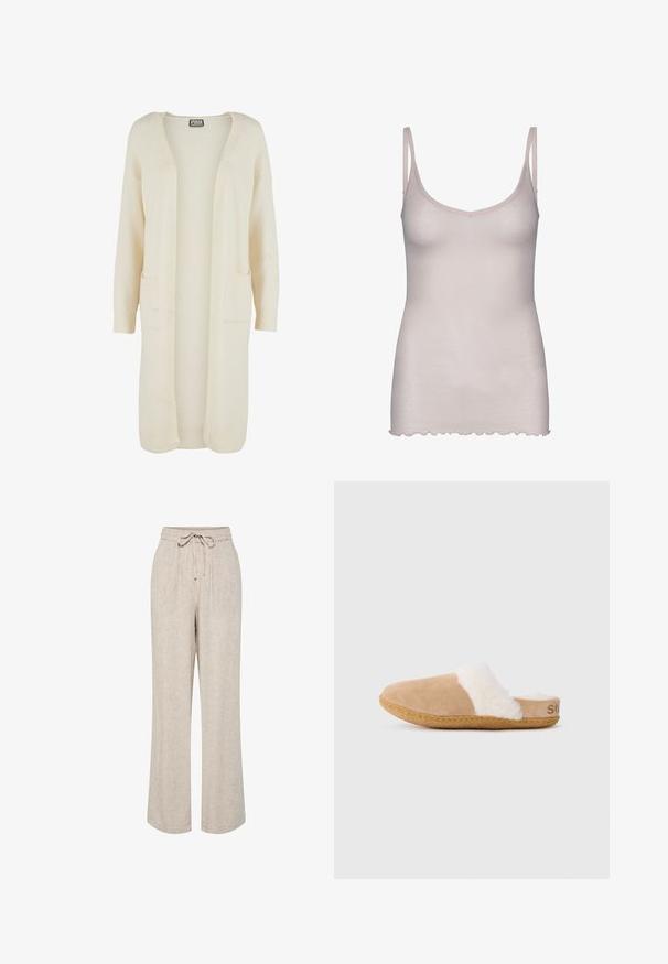 Cardigan long à ouverture avant, en tissu doux de couleur crème. Comprend deux poches avant et des poignets côtelés. Design simple et minimaliste.; Camisole rose clair avec des bretelles fines, fabriquée en tissu doux. Présente un décolleté en V et un ourlet festonné en bas.; Pantalon beige coupe ample avec jambes larges, taille élastique et cordon noué à l'avant.; Chausson en daim tan avec doublure blanche duveteuse et semelle en caoutchouc, présenté en profil latéral sur fond blanc.