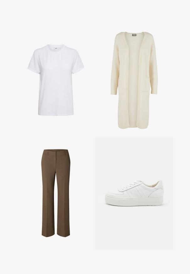 Lang, åben-front cardigan i blødt cremefarvet stof. Har to forlommer og ribstrikkede manchetter. Enkel, minimalistisk design.; Kortærmet hvid T-shirt lavet af blødt bomuldsstof. Har en rund halsudskæring og et enkelt, sømløst design uden udsmykninger eller mønstre.; Brune skræddersyede bukser med lige ben, bæltestropper og foran lukning, vist mod en hvid baggrund.; Hvide lædersneakers med tekstureret overdel, polstret krave og flad gummisål. Har diskret syninger og klassisk snørebåndsdesign.