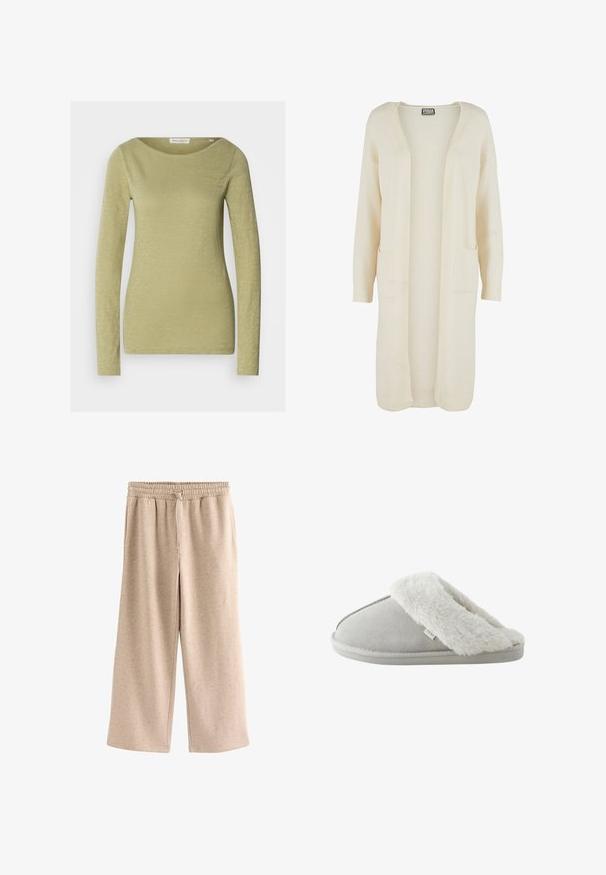 Lange, openvallende cardigan in zachte crème kleurige stof. Voorzien van twee steekzakken en geribbelde boorden. Eenvoudig, minimalistisch ontwerp.; Langemouwige top in licht olijfgroen, gemaakt van een zachte, gestructureerde stof. Heeft een brede halslijn en een aansluitende silhouet.; Beige broek met wijde pijpen, een elastische tailleband en een koordje, gemaakt van een zachte, gevlekte stof.; Lichtgrijze instappantoffel met zachte witte nepbonten voering en zool met label "NEXT,", gezien vanaf de zijkant tegen een witte achtergrond.