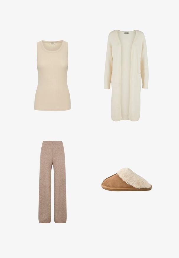 Lang, åben-front cardigan i blødt cremefarvet stof. Har to forlommer og ribstrikkede manchetter. Enkel, minimalistisk design.; Beige tanktop lavet af ribbet stof med rund halsudskæring og uden ærmer. Glat tekstur og skræddersyet pasform.; Strikkede bukser med vidde i en lys brune nuance med en ribbet talje og ribkant. Bukserne har et blødt, tekstureret stof. Ingen synlige lommer.; Brun slip-on tøffel med blød beige imiteret pelsforing og sål, vist fra siden på hvid baggrund.