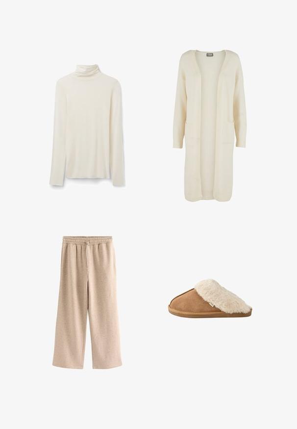 Langer Cardigan mit offenem Vorderteil aus weichem, cremefarbenem Stoff. Verfügt über zwei Fronttaschen und gerippte Bündchen. Einfaches, minimalistisches Design.; Cremefarbenes Langarmshirt mit Rollkragen und figurbetonter Silhouette vor weißem Hintergrund.; Beige Hose mit weitem Bein, elastischem Bund und Kordelzug, aus einem weichen, gesprenkelten Stoff.; Brauner pantoffel zum Hineinschlüpfen mit weichem beigem Kunstpelzfutter und -sohle, Seitenansicht auf weißem Hintergrund.