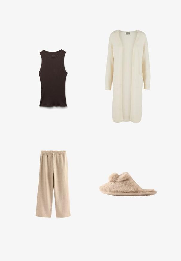 Langer Cardigan mit offenem Vorderteil aus weichem, cremefarbenem Stoff. Verfügt über zwei Fronttaschen und gerippte Bündchen. Einfaches, minimalistisches Design.; Ärmelloses, schwarzes, geripptes Tanktop mit rundem Halsausschnitt, flach auf weißem Hintergrund präsentiert.; Cremefarbene Schlaghosen aus einem weichen Baumwollmix. Sie verfügen über einen elastischen Bund mit Kordelzug und einer dezenten gesprenkelten Textur.; Beige flauschiger Hausschuh zum Hineinschlüpfen mit zwei Pompons oben und einer flachen Sohle, für den Innenbereich konzipiert.