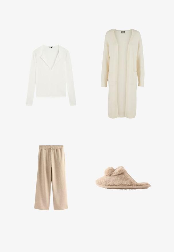 Lange, openvallende cardigan in zachte crème kleurige stof. Voorzien van twee steekzakken en geribbelde boorden. Eenvoudig, minimalistisch ontwerp.; Witte blouse met lange mouwen, diepe V-hals en een licht losse pasvorm, weergegeven tegen een effen witte achtergrond.; Crème-kleurige wijde broek gemaakt van een zachte katoenmix. Heeft een elastische tailleband met trekkoord en een subtiele gespikkelde textuur.; Beige, pluizige instapslof met twee pompons bovenop en een platte zool, ontworpen voor binnenshuis gebruik.