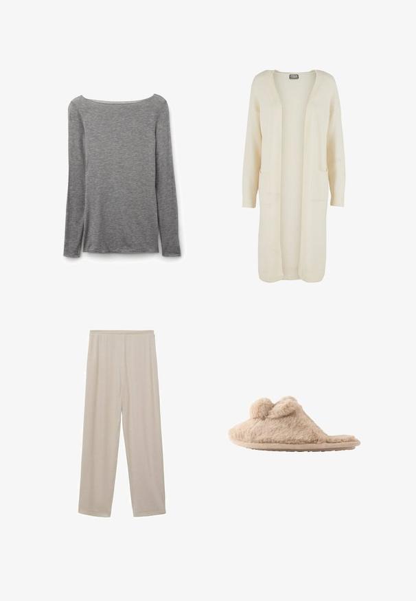 Lange, openvallende cardigan in zachte crème kleurige stof. Voorzien van twee steekzakken en geribbelde boorden. Eenvoudig, minimalistisch ontwerp.; Grijze nauwsluitende top met lange mouwen en een brede boothals, gemaakt van zachte, lichte gebreide stof.; Beige, lichte katoenen broek met een recht model, elastische tailleband en een gladde textuur. Geen zichtbare patronen of hardware.; Beige, pluizige instapslof met twee pompons bovenop en een platte zool, ontworpen voor binnenshuis gebruik.