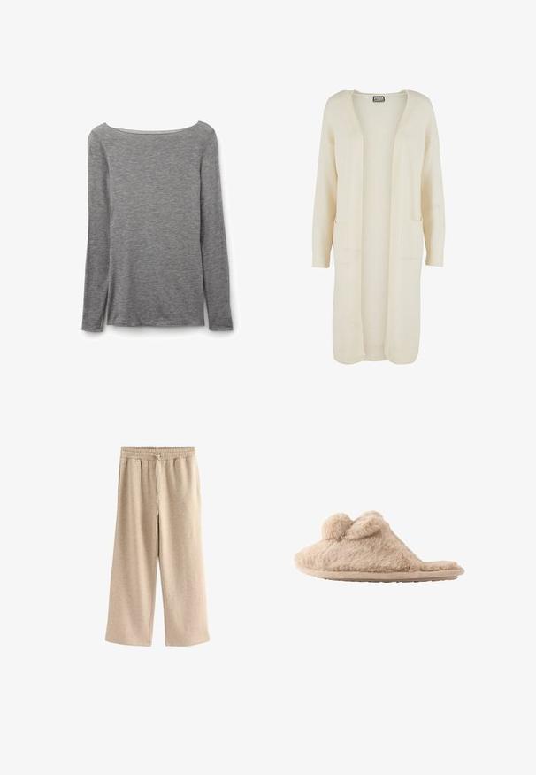 Lange, openvallende cardigan in zachte crème kleurige stof. Voorzien van twee steekzakken en geribbelde boorden. Eenvoudig, minimalistisch ontwerp.; Grijze nauwsluitende top met lange mouwen en een brede boothals, gemaakt van zachte, lichte gebreide stof.; Crème-kleurige wijde broek gemaakt van een zachte katoenmix. Heeft een elastische tailleband met trekkoord en een subtiele gespikkelde textuur.; Beige, pluizige instapslof met twee pompons bovenop en een platte zool, ontworpen voor binnenshuis gebruik.