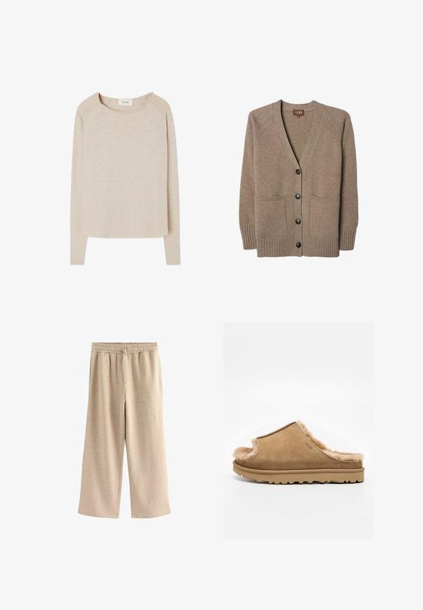 Braune gestrickte Strickjacke mit V-Ausschnitt, vier schwarzen Knöpfen, zwei Vordertaschen sowie gerippten Bündchen und Saum.; Beige Langarmshirt aus einem weichen, strukturierten Stoff. Mit rundem Halsausschnitt und Raglanärmeln. Abgerundeter Saum mit lockerer Passform.; Beige weite Hosen aus weichem Stoff, mit einem elastischen Bund und Kordelzug, sowie einer subtilen gesprenkelten Textur.; Beige Wildleder-Hausschuh zum Hineinschlüpfen mit flauschigem Fleecefutter und Gummisohle, mit seitlichem UGG-Logo vor schlichtem weißem Hintergrund.