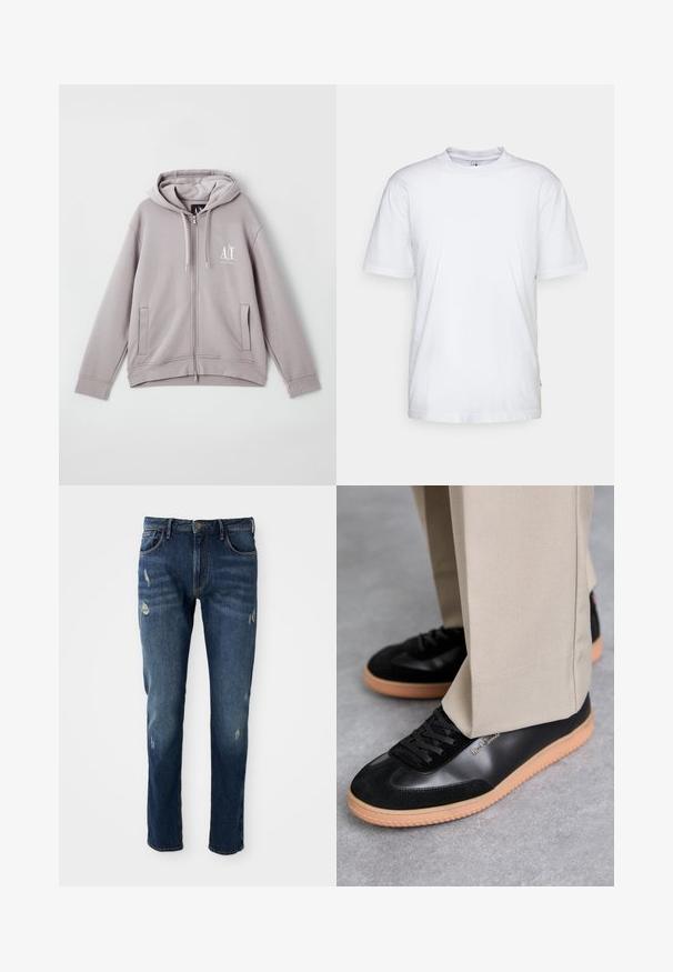 Sivá mikina s kapucňou na zips vyrobená z mäkkej látky, s centrálnym zipsom, prednými vreckami, šnúrkou na kapucni a malým logom na hrudi.; Biela bavlnená tričko s okrúhlym výstrihom, krátkymi rukávmi a rovnými okrajmi. Obsahuje malú značku na bočnom šve na ľavej strane.; Tmavomodré denimové jeansy s úzkym strihom, s jemným opotrebovaním na stehnách a kolenách, klasický dizajn s piatimi vreckami a zapínaním na gombík.; Paul Smith COMO - Tenisky - black