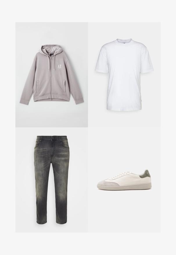 Grijze rits-hoodie van zachte stof, met een centrale rits, voorzakken, een capuchon met trekkoord en een klein logo op de borst.; Witte katoenen t-shirt met een ronde hals, korte mouwen en een rechte zoom. Heeft een klein merktag aan de linkerkant van de zijnaad.; Donkergrijze jeans met een vervaagde afwerking, rechte pijpdesign, vijf zakken en een sluiting met een knoop aan de voorkant. Van katoen denim stof, met een zachte textuur.; Witte lage sneaker met lichtgrijze suède accenten op de neus en hiel, witte veters en een platte beige zool, gezien vanaf de buitenkant.