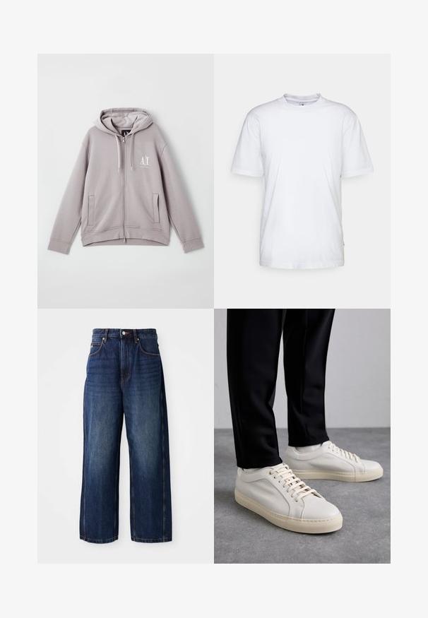 Sivá mikina s kapucňou na zips vyrobená z mäkkej látky, s centrálnym zipsom, prednými vreckami, šnúrkou na kapucni a malým logom na hrudi.; Biela bavlnená tričko s okrúhlym výstrihom, krátkymi rukávmi a rovnými okrajmi. Obsahuje malú značku na bočnom šve na ľavej strane.; Tmavomodré široké džínsy z denimovej látky. Majú klasický pás so slučkami na opasok, predné vrecká a rovný strih.; Svetlo béžové kožené tenisky s plochými šnúrkami, textúrovaným povrchom a kontrastnou krémovou gumovou podrážkou, skombinované s čiernymi zúženými nohavicami.