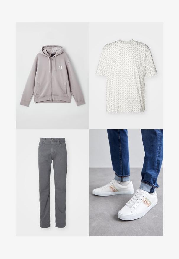 Grå zip-up hoodie lavet af blødt stof, med en central lynlås, forlommer, hætte med snor og et lille logo på brystet.; Hvid t-shirt med et gentaget gråt "A" mønster, korte ærmer, rund halsudskæring og en afslappet pasform. Fremstillet af blødt stof.; Grå bomuldsbukser med lige ben, fem lommer, bæltestropper og knaplukning. Glat tekstur med minimale synlige folder.; Hvide lædersneakers med multicolore striber, snørebåndsdesign, gummisål og polstret krave, parret med blå denimjeans.