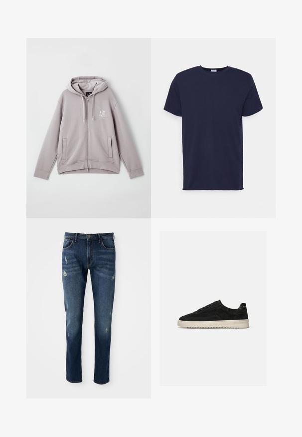 Grauer Reißverschluss-Hoodie aus weichem Stoff, mit einem zentralen Reißverschluss, Fronttaschen, einer Kordelzugkapuze und einem kleinen Logo auf der Brust.; Marineblaues T-Shirt mit kurzen Ärmeln aus weichem Stoff. Es hat einen Rundhalsausschnitt und einen geraden Schnitt ohne Muster oder Akzente.; Dunkelblaue Jeans aus Denim mit slim fit, leichten Abnutzungen an den Oberschenkeln und Knien, klassischem Fünf-Taschen-Design und Knopfverschluss.; Schwarzer Wildleder-Low-Top-Sneaker mit schwarzen Schnürsenkeln und weißer Gummisohle, Seitenansicht auf schlichtem hellgrauem Hintergrund.