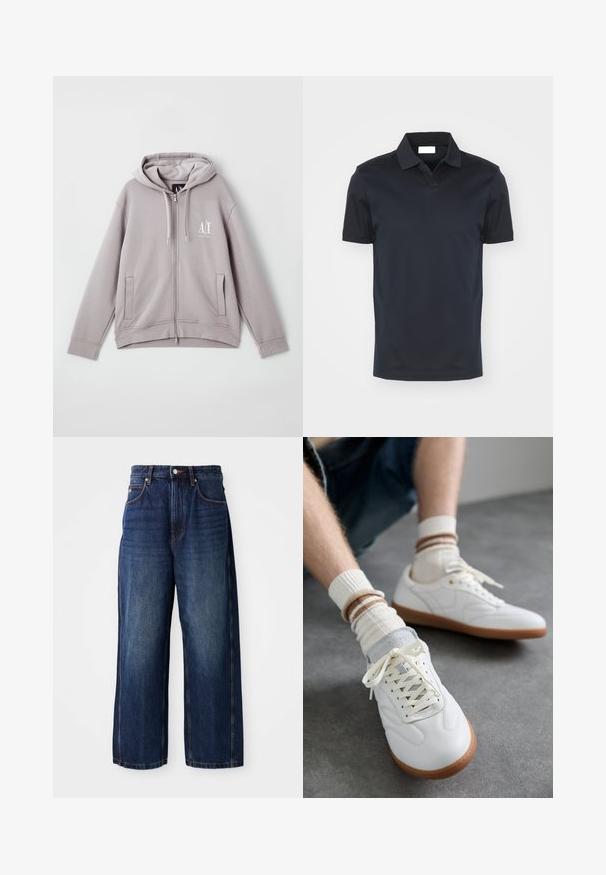 Sudadera con cremallera gris, hecha de una tela suave, que cuenta con una cremallera central, bolsillos frontales, capucha ajustable con cordón y un pequeño logo en el pecho.; Camisa polo azul marino con un cuello clásico y mangas cortas, hecha de una tela suave. Presenta un dobladillo recto y sin patrones visibles.; Pantalones vaqueros de pierna ancha en azul oscuro, fabricados en denim. Presentan una cinturilla clásica con trabas para cinturón, bolsillos frontales y una silueta recta.; Zapatillas de cuero blanco con una textura suave, detalles en gamuza gris, suelas de goma beige y cordones planos. Combinadas con calcetines a rayas en tonos crema y marrón.