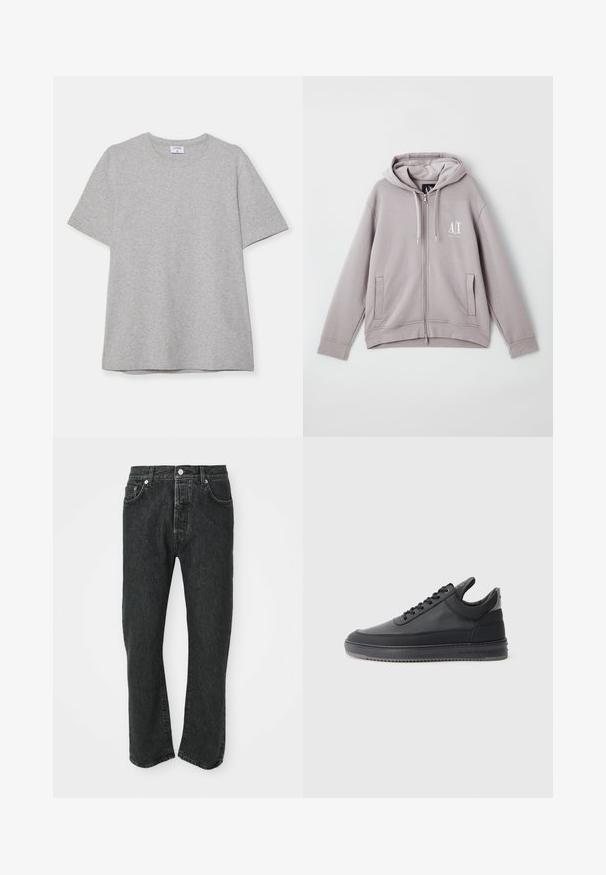 Haut à zip gris en tissu doux, doté d'une fermeture éclair centrale, de poches avant, d'une capuche avec cordon de serrage et d'un petit logo sur la poitrine.; T-shirt gris à manches courtes fabriqué en tissu doux et texturé. Présente un col rond classique et un ourlet droit, idéal pour une tenue décontractée.; Jean denim droit noir avec fermeture par bouton et zip à l'avant, poches avant et arrière visibles sur fond blanc.; Baskets en cuir noir avec une surface texturée, design à lacets, tige basse, et une semelle en caoutchouc grise avec un bord strié.