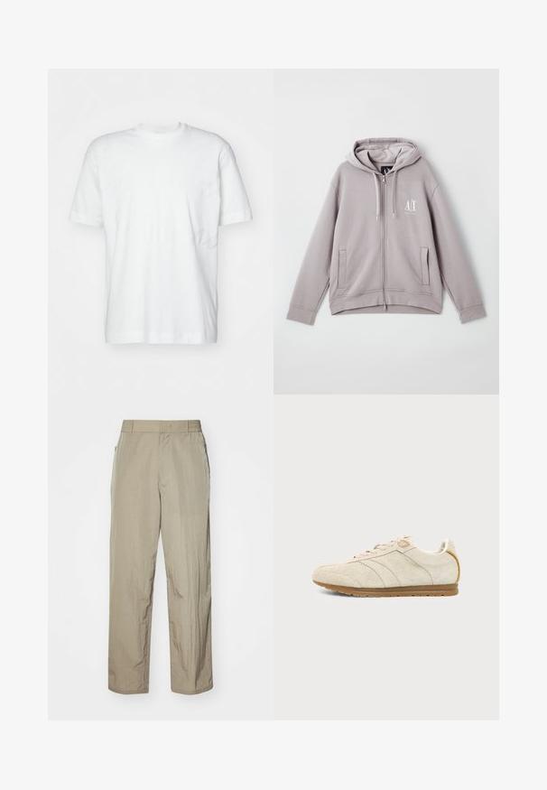 Sudadera con cremallera gris, hecha de una tela suave, que cuenta con una cremallera central, bolsillos frontales, capucha ajustable con cordón y un pequeño logo en el pecho.; Camiseta blanca de manga corta hecha de algodón, con un clásico escote redondo y un corte holgado, sin logotipos ni patrones visibles.; Pantalones ligeros color beige con un corte relajado, que cuentan con una cinturilla elástica y bolsillos laterales. La tela parece tener textura y está ligeramente arrugada.; Deportiva de ante beige con suela de goma, cierre de cordones en la parte delantera y detalles de costura sutiles sobre un fondo liso gris claro.
