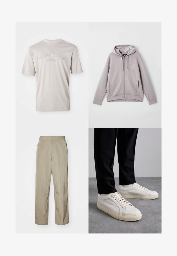 Grijze rits-hoodie van zachte stof, met een centrale rits, voorzakken, een capuchon met trekkoord en een klein logo op de borst.; Lichtbeige t-shirt met korte mouwen van zachte stof, voorzien van een geborduurd "Emporio Armani Milano" logo in een iets donkere tint.; Beige, lichtgewicht broeken met een ontspannen fit, voorzien van een elastische tailleband en zijzakken. De stof ziet eruit alsof het een textuur heeft en iets gekreukt is.; Lichtbeige leren sneakers met platte veters, een gestructureerd oppervlak en een contrasterende crème-kleurige rubberen zool, gecombineerd met zwarte taps toelopende broek.
