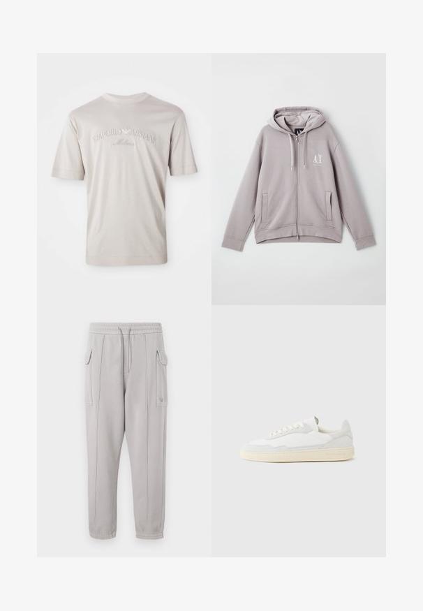 Sivá mikina s kapucňou na zips vyrobená z mäkkej látky, s centrálnym zipsom, prednými vreckami, šnúrkou na kapucni a malým logom na hrudi.; Svetlo béžové tričko s krátkym rukávom vyrobené z jemnej látky, s výšivkou loga "Emporio Armani Milano" v mierne tmavšej farbe.; Šedé teplákové nohavice s elastickým pásom, bočnými vreckami a vertikálnym šitím pozdĺž nohavíc. Textúra z bavlnenej zmesi.; Biela teniska s jemne štruktúrovaným zvrškom zo semišu a kože. Má zaoblenú špičku, viazanie na šnúrky a kontrastnú béžovú gumovú podrážku.