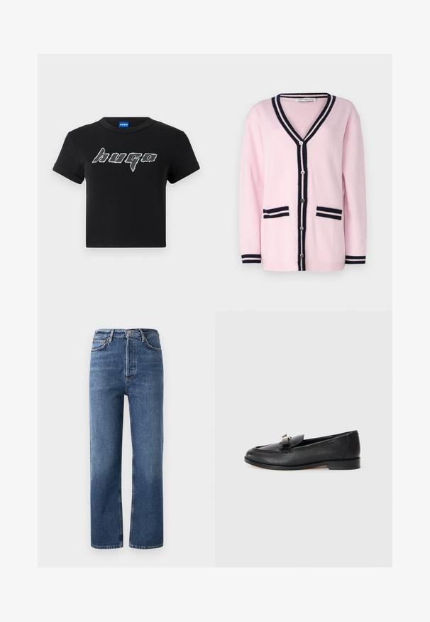 pure cashmere BUTTON LONG CARDIGAN - Strickjacke - pink; Schwarzes, kurzes T-Shirt aus Baumwolle mit einem großen, stilisierten weißen "hugo"-Logo in einer grafischen Schriftart. Kurze Ärmel und runder Ausschnitt.; Hochgeschnittene blaue Jeans aus Denim mit geradem Bein, fünf Taschen und Hardware in Kupferfarbe. Glatte Textur und klassisches Design.; Schwarze Lederloafer mit strukturiertem Finish, abgerundetem Zehenbereich und einem dekorativen metallischen Akzent auf dem Vorderblatt. Flache Sohle.