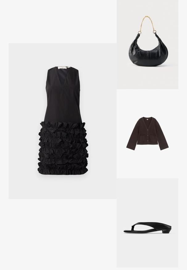 Dunkelbrauner Strickjacke mit Knopfleiste, V-Ausschnitt, langen weiten Ärmeln und zwei aufgesetzten Taschen vorne, dargestellt auf weißem Hintergrund.; Schwarzes ärmelloses Kleid mit V-Ausschnitt und einem rüschendigen Stoffdesign in der Taille, kontrastierender glatter Oberteil mit strukturiertem unteren Teil.; Schwarze Sandale mit niedrigem Absatz, breitem Riemen und Zehensteg, seitlich auf hellem grauem Hintergrund gezeigt.; Schwarze, halbmondförmige Handtasche aus Leder mit goldenem Kettenriemen und seitlichem Reißverschluss.