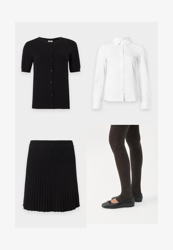 Schwarze kurzärmlige Strickjacke aus weichem Strickmaterial, mit rundem Ausschnitt und Knöpfen vorne, sowie gerippten Bündchen und Saum.; Weißes langärmeliges Hemd mit spitzem Kragen, geradem Saum und taillierter Silhouette, auf hellem, einfarbigem Hintergrund dargestellt.; Schwarzer, gerippter, gestrickter Rock mit einem breiten Bund, der vertikale Falten und einen schwingenden Saum hat. Einheitliche Textur über die gesamte Fläche.; Beine in dunklen, gerippten Leggings kombiniert mit schwarzen Ballerinas mit kleinen Schleifendetails auf weißem Hintergrund.