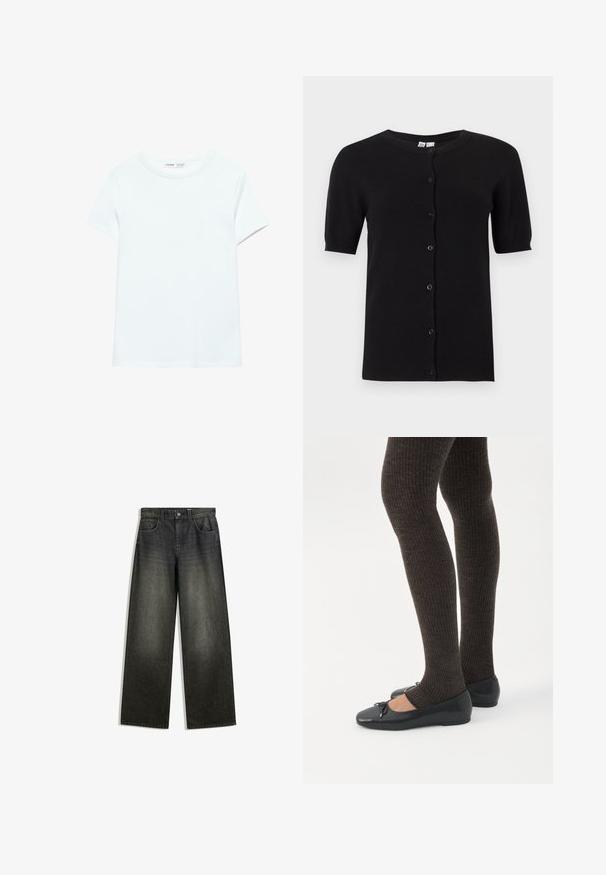 Cardigan noir à manches courtes en tricot doux, doté d'un col rond et de boutons sur le devant, avec des poignets et un ourlet côtelés.; T-shirt blanc uni en coton à manches courtes, col rond, présenté à plat sur un fond blanc, sans motifs ni logos visibles.; Jeans évasés en denim gris foncé avec une finition délavée, un design à cinq poches et une fermeture à bouton à la taille.; Jambes portant des leggings côtelés foncés associés à des ballerines noires avec de petits détails en nœud sur fond blanc.