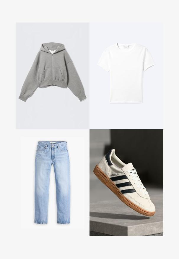 Afgekorte grijze hoodie gemaakt van zachte stof, met een voorrits, twee zijzakken en een tunnelkraag met geribbelde manchetten.; Effen wit T-shirt met korte mouwen en ronde hals met een klein "WEEKDAY" label aan de binnenkant van de hals, plat neergelegd op een lichte achtergrond.; Lichtblauwe denim jeans met een rechte pijp, vijf zakken en een middelhoge taille. Heeft een vervaagde textuur en een gestikte zoom.; Witte suède sneakers met marineblauwe strepen, rubberen gumzool, gestructureerde bovenkant, ronde neus en veters; heeft branding aan de zijkant en op de tong.