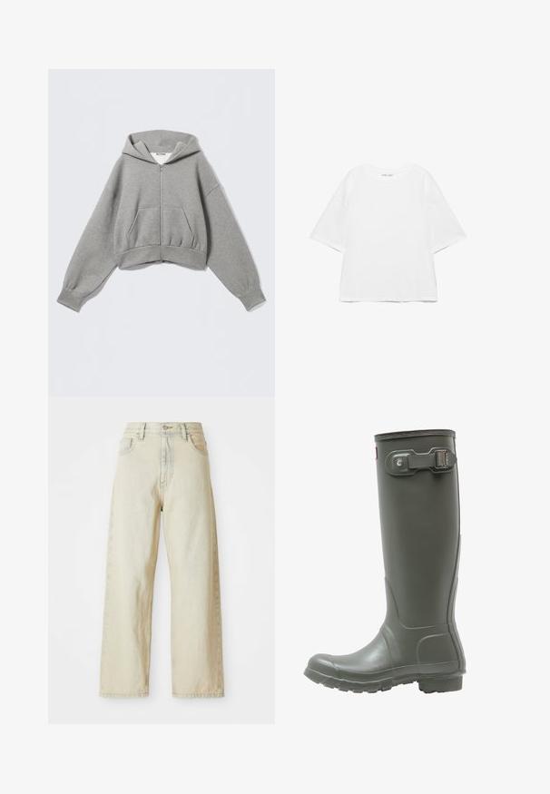 Kort grå hættetrøje lavet af blødt stof, med lynlås foran, to sidelommer og en hætte med snøre samt ribstrikkede manchetter.; Hvid oversize T-shirt med korte ærmer og rund hals, ensfarvet design og skuldersømme, der er sænket, på hvid baggrund.; Løse denimjeans i en lys beige nuance med forlommer, høj talje og subtile syninger. Fremstillet af struktureret denimstof.; Grønne gummistøvler i knæhøjde med en tekstureret sål, rund tå, justerbar spænde på siden og glat finish.