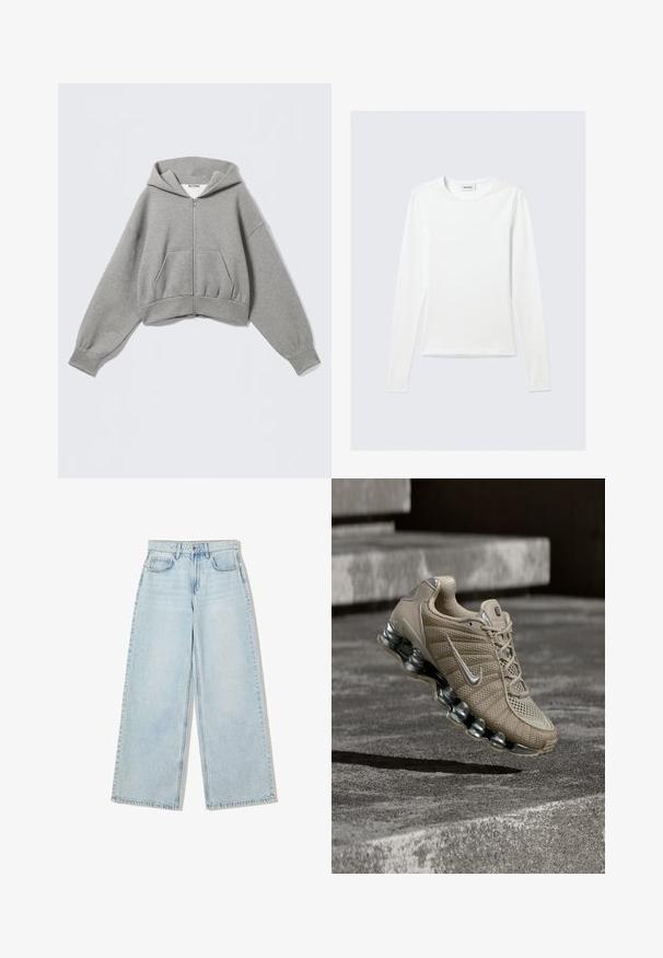 Afgekorte grijze hoodie gemaakt van zachte stof, met een voorrits, twee zijzakken en een tunnelkraag met geribbelde manchetten.; Effen wit shirt met lange mouwen en ronde hals, slim fit, afgebeeld tegen een lichtgrijze achtergrond.; Lichtblauwe wijde spijkerbroek van denim, met een hoge taille, vijf zakken en zichtbare stiksels langs de naden.; Beige Nike hardloopschoen met zilveren accenten en veerachtige zool zwevend boven betonnen trappen bij gedimd licht.