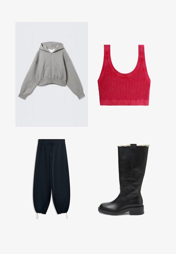 Grauer, kurz geschnittener Hoodie aus weichem Stoff mit Frontreißverschluss, zwei Seitentaschen und einer Kapuze mit Kordelzug sowie gerippten Bündchen.; Rotes gestricktes Crop-Top mit Zopfmuster, breiten Trägern und rundem Ausschnitt.; Schwarze Jogginghose aus weichem Material mit elastischem Bund und Kordelzug, schmal zulaufenden Beinabschlüssen und seitlichen Eingrifftaschen.; Schwarze Lederstiefel bis zum Knie mit einem weißen Kunstfellabschluss, runder Zehenform und Blockabsatz. Glatte Textur mit minimalen Nähte.