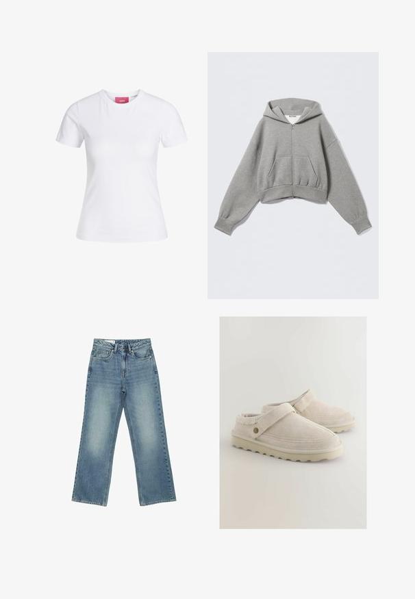 Kort grå hættetrøje lavet af blødt stof, med lynlås foran, to sidelommer og en hætte med snøre samt ribstrikkede manchetter.; Hvid slimfit t-shirt med korte ærmer og rund halsudskæring med en lyserød JJXX-label indeni kraven, vist mod en ensfarvet baggrund.; Blå jeans med høj talje og lige ben, med fem lommer, knaplukning og en diskret falmet vask på forsiden af lårene.; Beige ruskind slip-on sko med en flad gummisål, der har en bred rem og syningsdetaljer langs overdelen.
