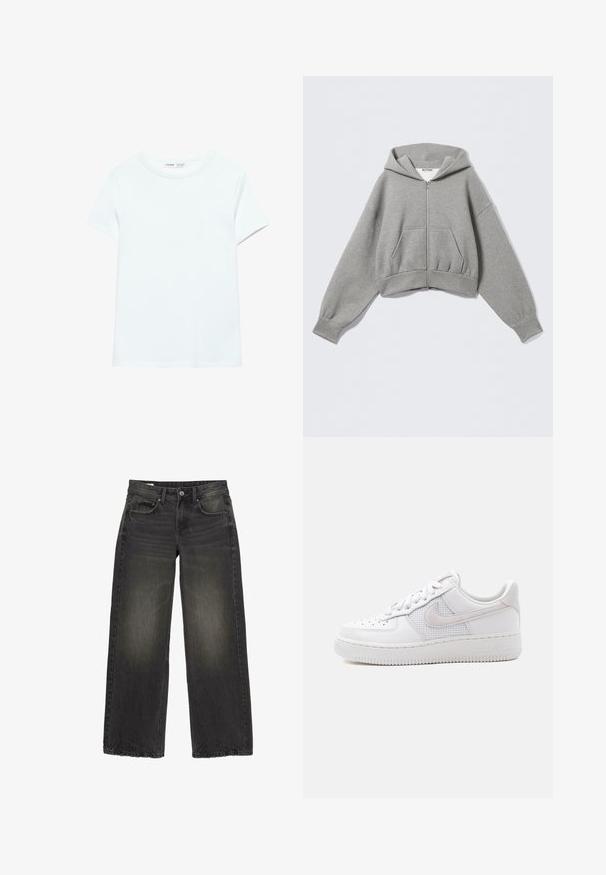 Sweat à capuche gris court en tissu doux, avec une fermeture éclair frontale, deux poches latérales et une capuche à cordon de serrage avec des poignets côtelés.; T-shirt blanc uni en coton à manches courtes, col rond, présenté à plat sur un fond blanc, sans motifs ni logos visibles.; Jean noir à jambes larges avec détails délavés, bouton frontal, fermeture éclair et cinq poches, posé à plat sur fond blanc.; Baskets Nike Air Force 1 basses blanches avec lacets blancs, perforations sur l'embout, et panneau en mesh derrière le logo Nike Swoosh.