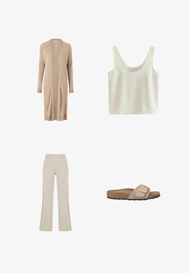 Beige, lang cardigan lavet af blødt strikket stof. Åben foran med ribstrikkede manchetter og kant, har et enkelt, minimalistisk design. Velegnet til lag-på-lag brug.; Ærmeløs, cremefarvet cropped tanktop med brede stropper og scoop-halsudskæring, lavet af glat stof.; Beige vide bukser med en glat ribbet tekstur, elastisk talje og ingen synlige dekorationer, hvilket giver en afslappet silhuet.; Beige slidesandal med en korkfodersål, tekstureret gummisål og en stor guldtonet spændeaccent på en glat rem.